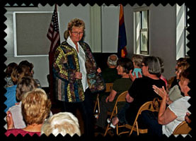 One of Leslie's students models her quilted creation at the Fashion Show